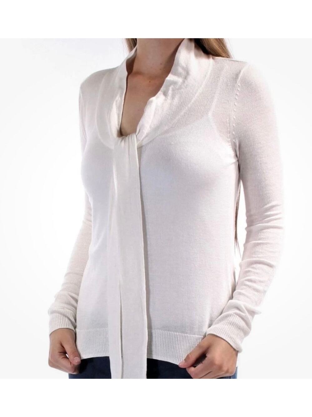 Maison Jules NWT Cream Sweater Sz M Tie Neck Long Sleeves Semi-Sheer Neutral